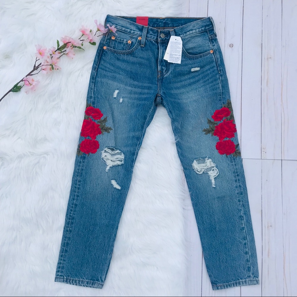 Levi rose embroidered cropped jeans